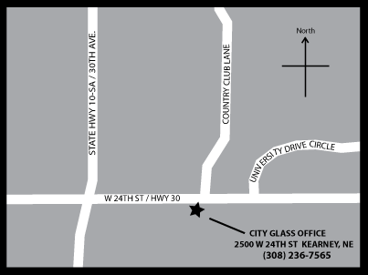 Map to the City Glass office: 2500 W 24th St, Kearney, NE, on W 24th St / Hwy 30 east of 30th Ave